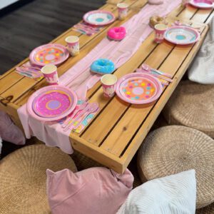 thrive gymnastics aurora ontario donut theme birthday party table setup