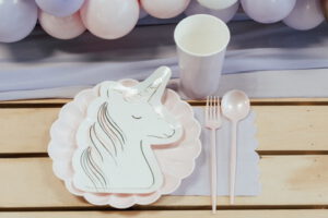 thrive gymnastics aurora unicorn themed birthday party place setting